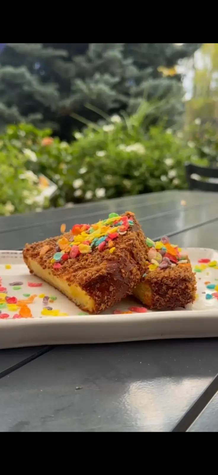 Fruity Pebbles French Toast served on The Egg patio